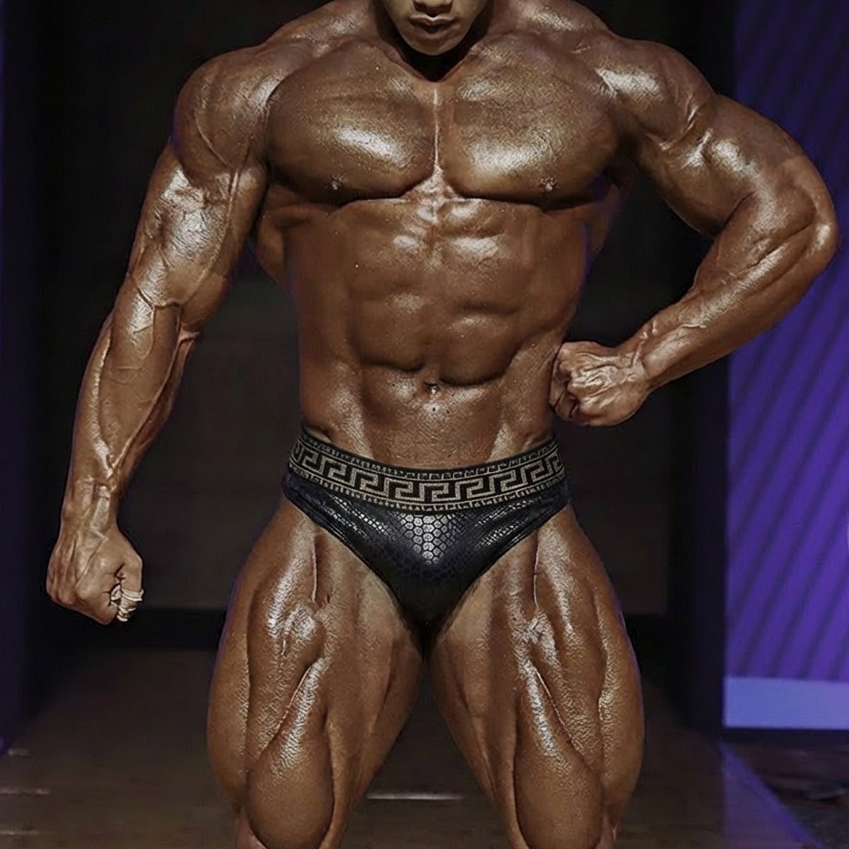 Black athletic briefs with a geometric patterned waistband from MetroMaleWear MetroMuscleWear Muscle Competition Suit