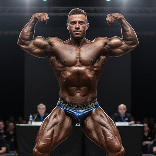 MetroMalewear metroMusclewear muscle trunk competition briefs in blue and gold with greek key pattern