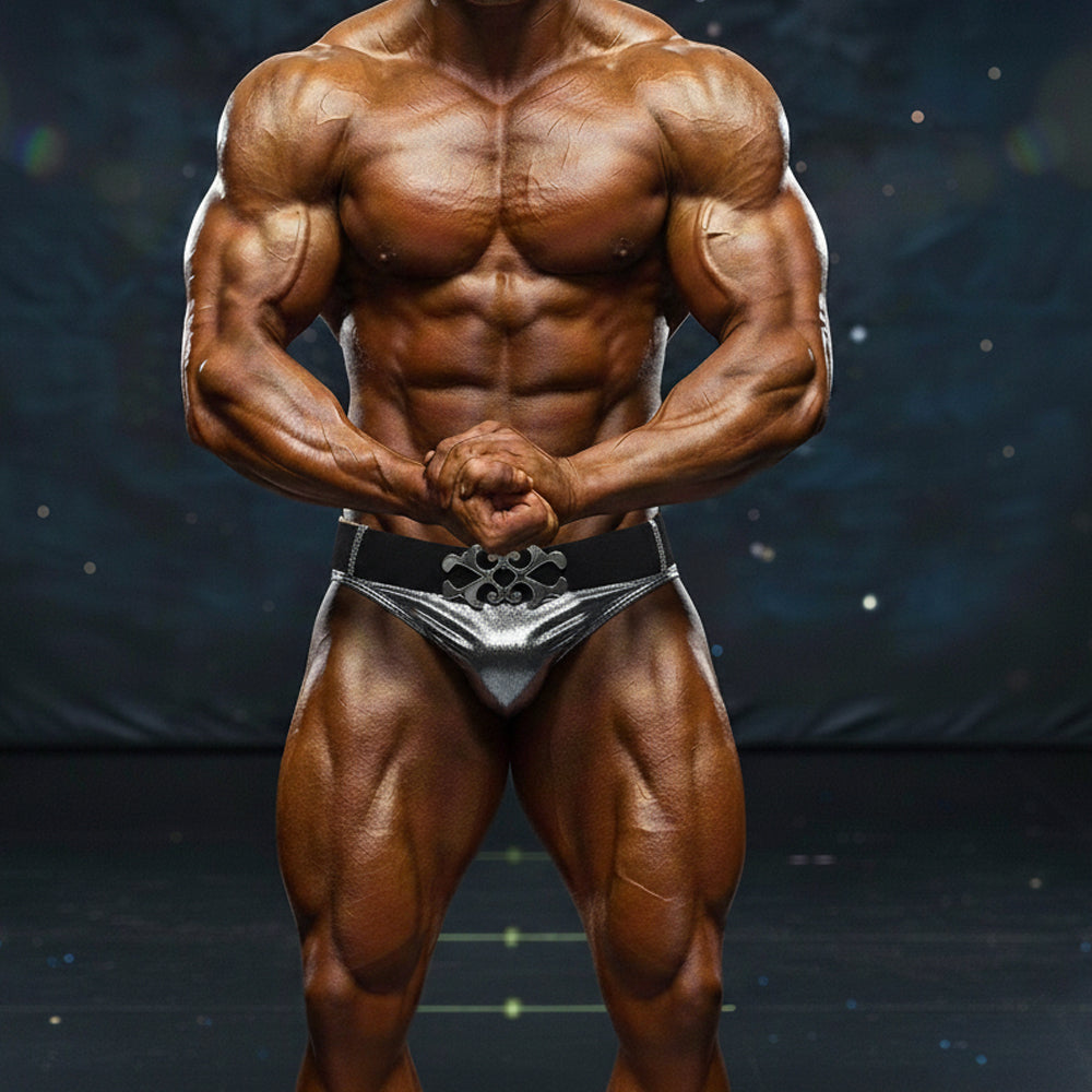 Shiny silver metallic briefs with black belt and ornate metal buckle metro male wear metro muscle wear atlantis trunk