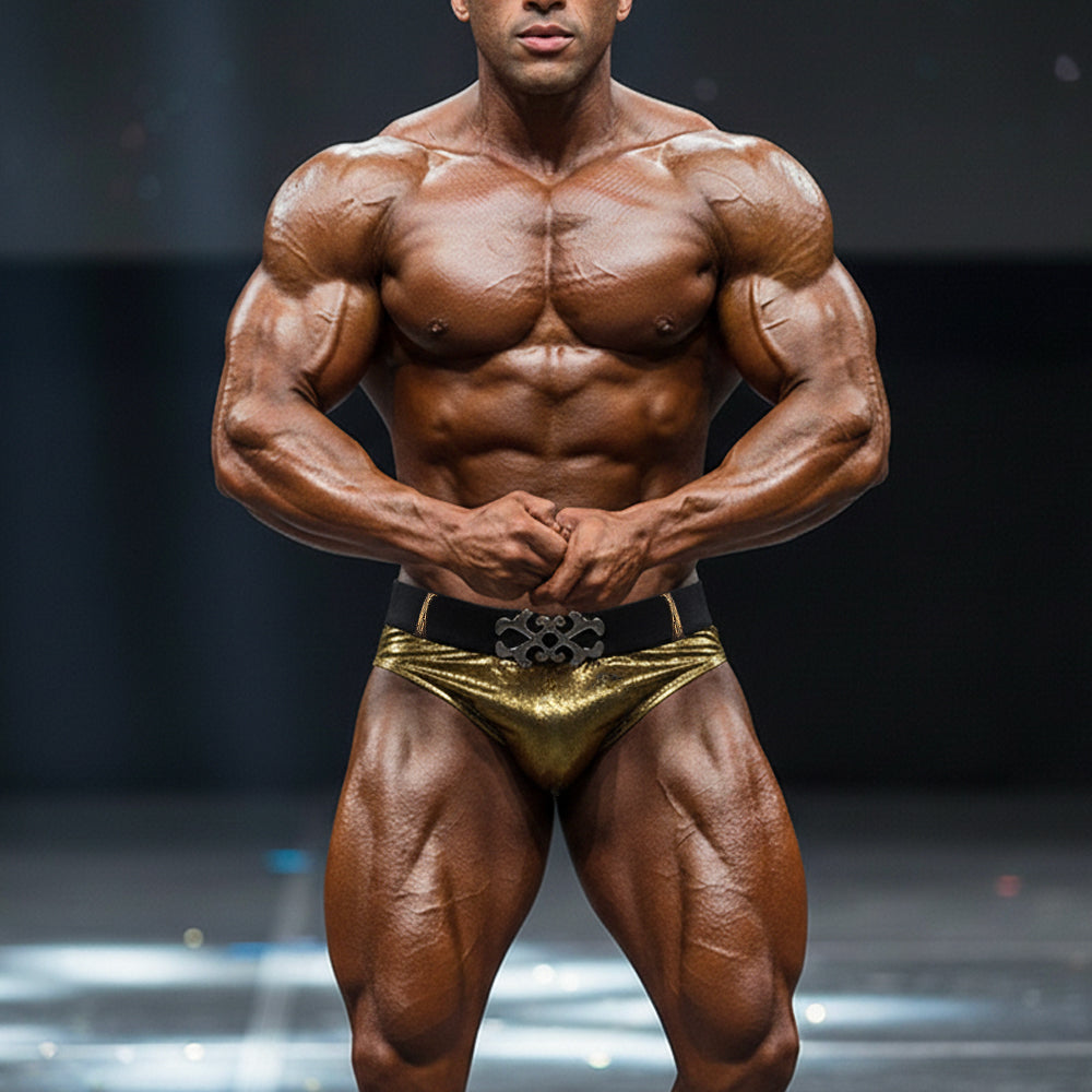 Shiny gold metallic briefs with a black belt and ornate silver buckle metroMalewear atlantis muscle trunk gold 4700-73