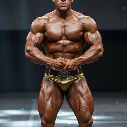 Shiny gold metallic briefs with a black belt and ornate silver buckle metroMalewear atlantis muscle trunk gold 4700-73