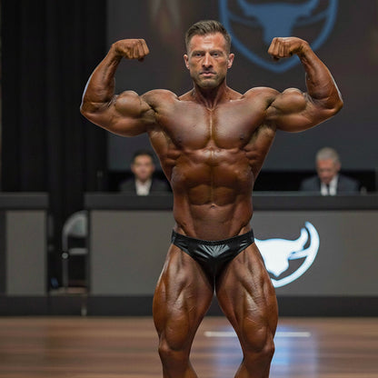 A muscular man wearing black shiny metro musclwear zeus muscle trunk briefs flexing arms on stage