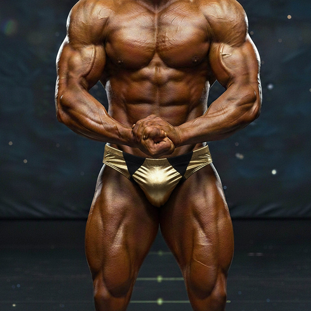 Shiny gold metallic metro musclwear zeus muscle trunk briefs with black triangular accents for men