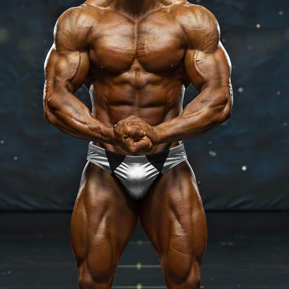 Silver and black metallic bodybuilding briefs with a shiny reflective finish from MetroMaleWear Zeus Muscle Trunk 4700-82
