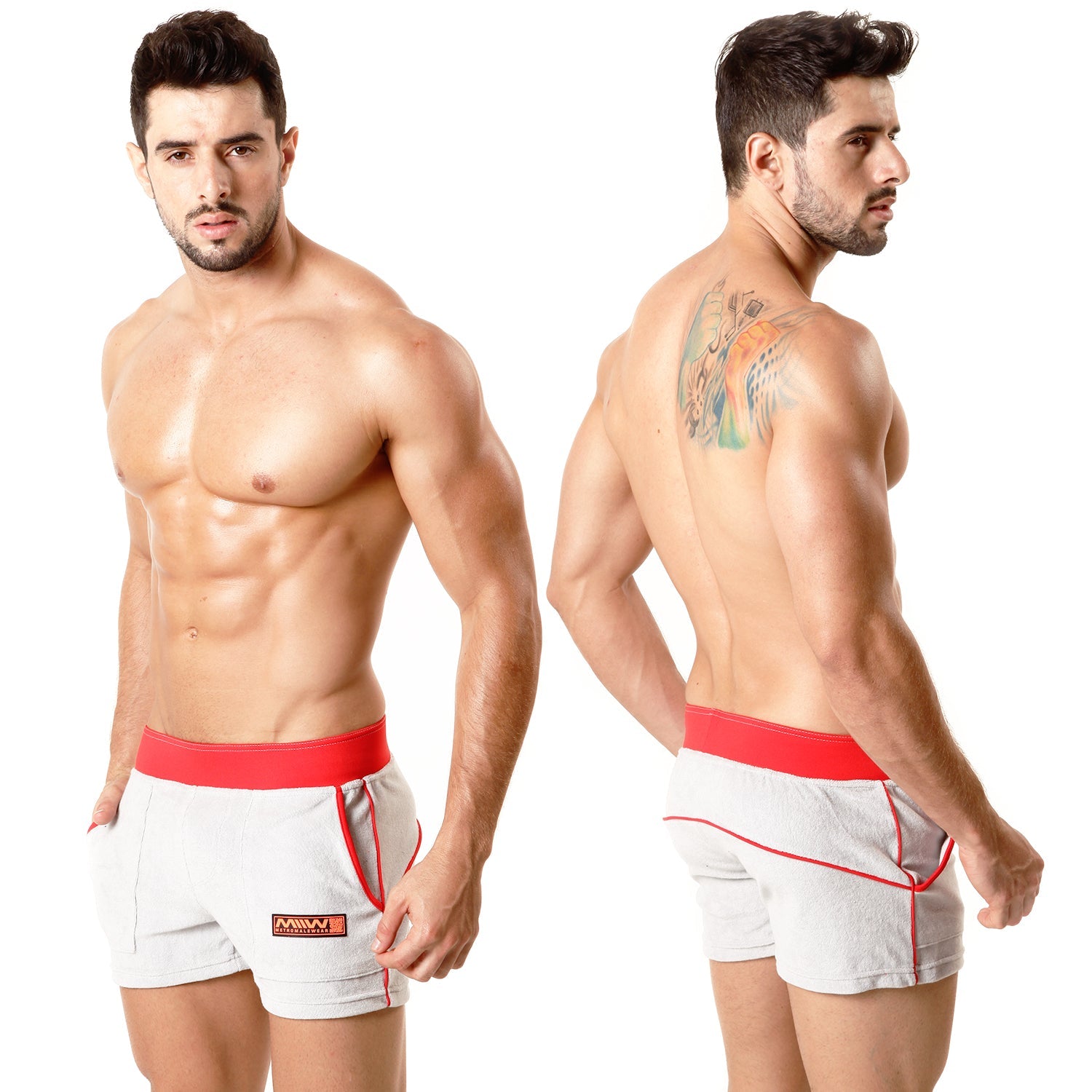 MetroMaleWear terry sport short grey red 4701-10 white athletic shorts with red waistband trim and orange logo on left leg