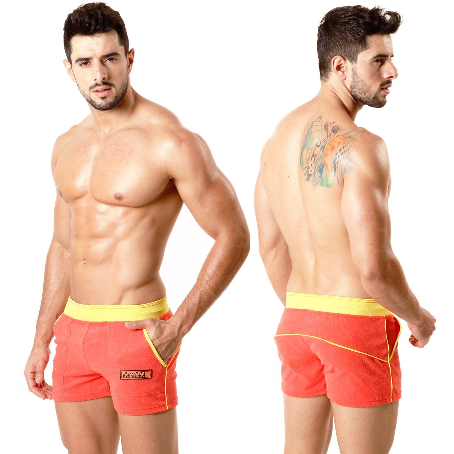 MetroMaleWear terry sport short orange 4701-14 vibrant coral swim trunks with yellow waistband and black logo patch