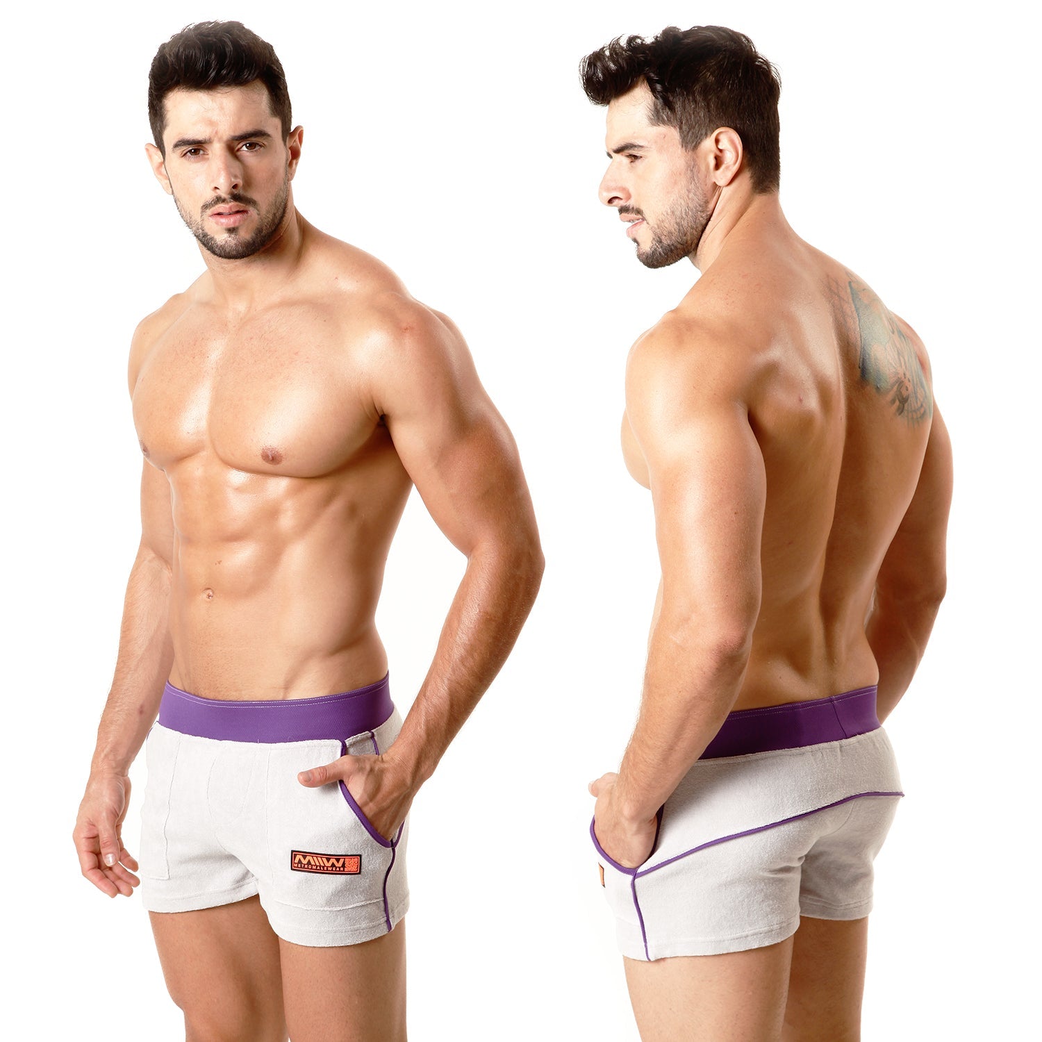 White athletic terry sport shorts with purple waistband trim and orange logo by metromalewear gray purple 4701-10