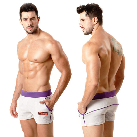 White athletic terry sport shorts with purple waistband trim and orange logo by metromalewear gray purple 4701-10