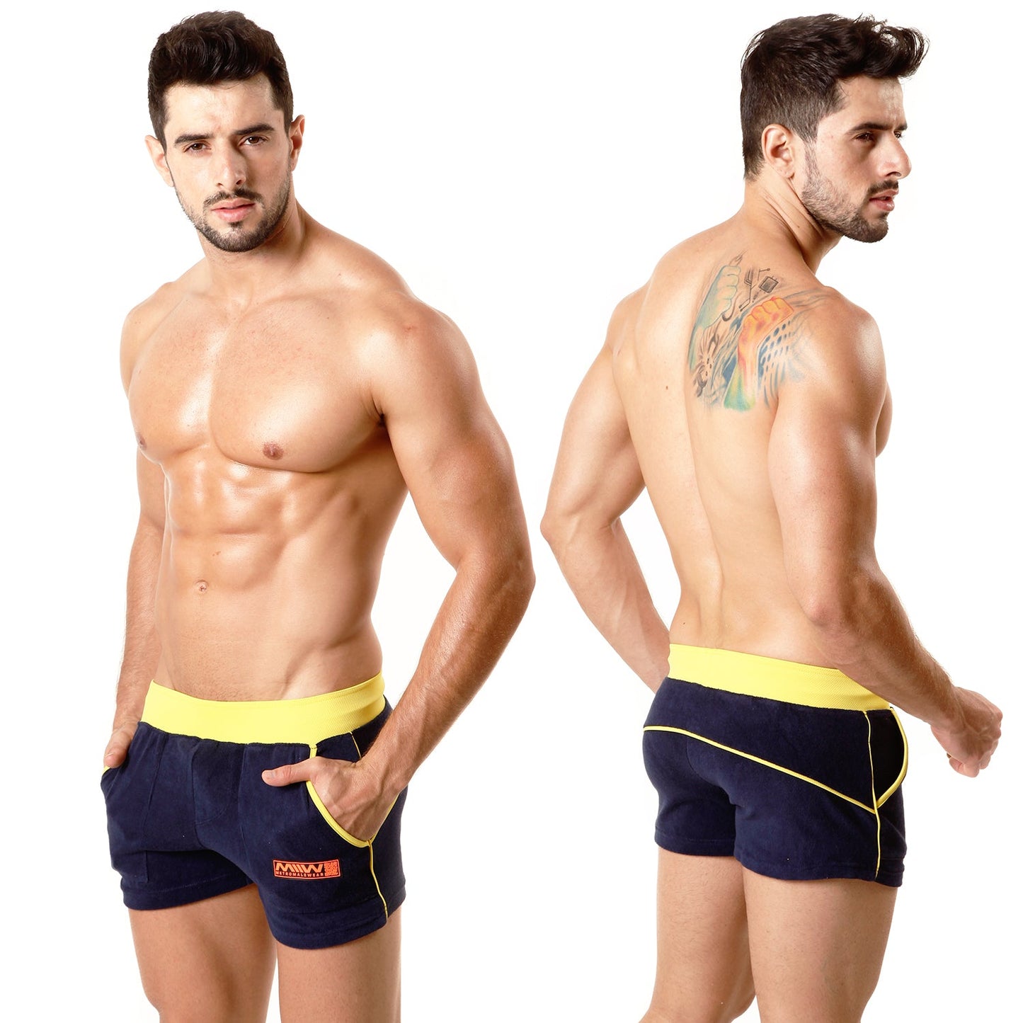 MetroMaleWear terry sport short navy yellow 4701-28 with bold contrasting design made of soft terry fabric