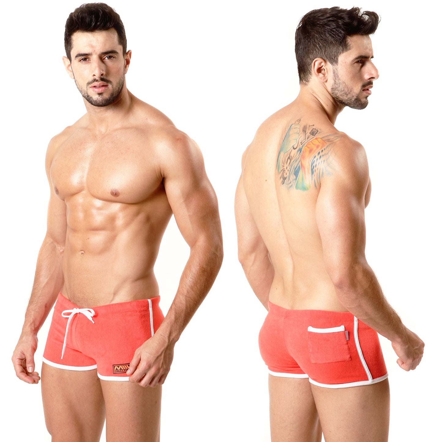Red athletic swim trunks metroMalewear terry short with white trim and side pocket designed for comfort and activity