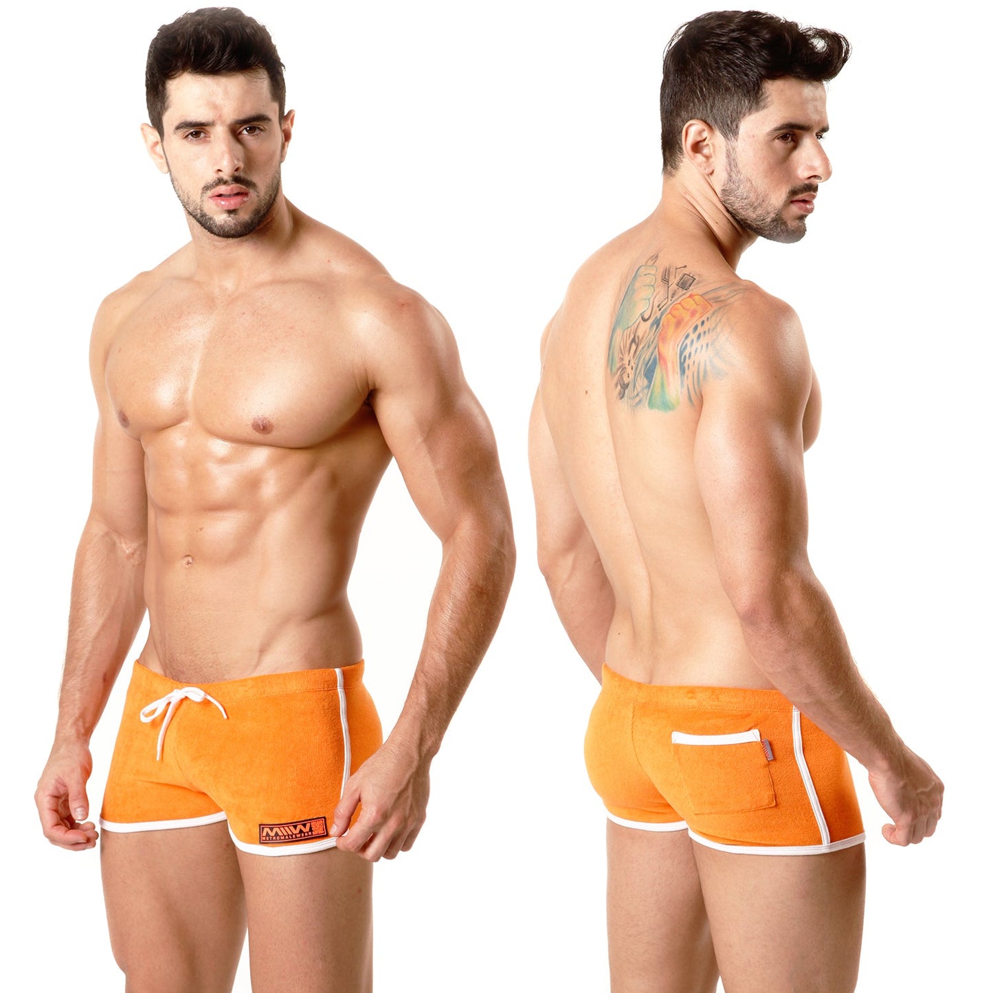 MetroMaleWear terry short orange athletic shorts with white trim and a small side logo for active use