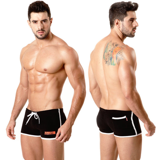 Black metroamalewear terry short swim trunks with white trim and drawstring waistband for comfortable wear