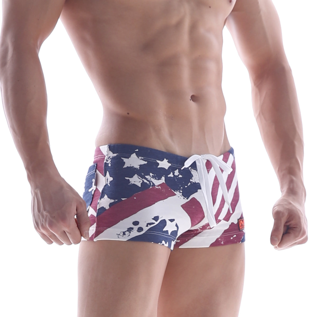 MetroMaleWear cotton short patriot red 4702-91 featuring american flag-themed distressed design swim trunks in red white and blue