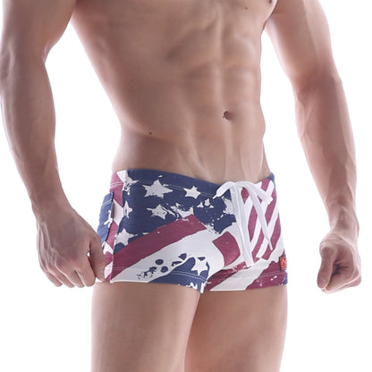 MetroMaleWear cotton short patriot red 4702-91 featuring american flag-themed distressed design swim trunks in red white and blue