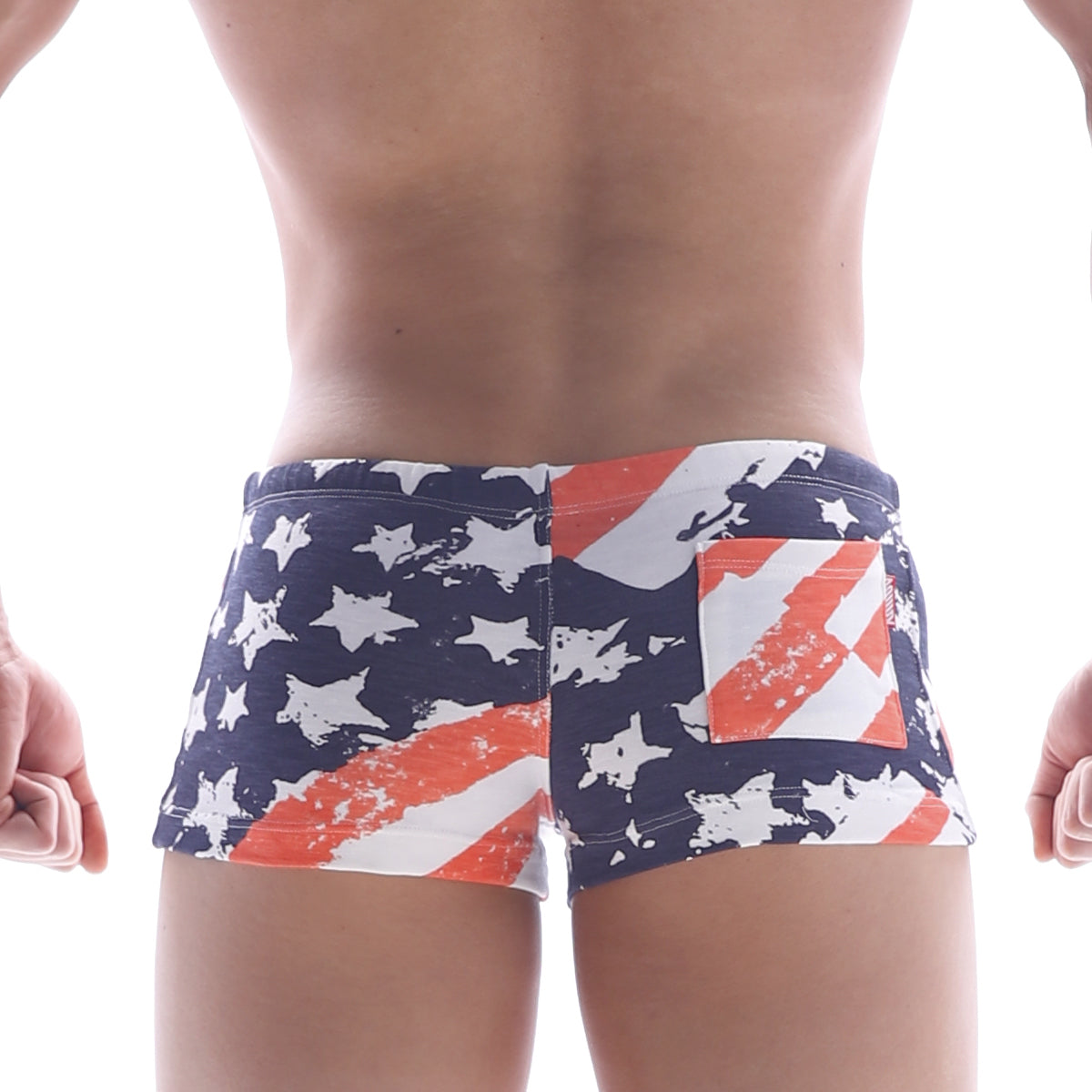 MetroMalewear cotton short patriot orange 4702-92 american flag-themed swim trunks with distressed navy blue fabric and orange stripes