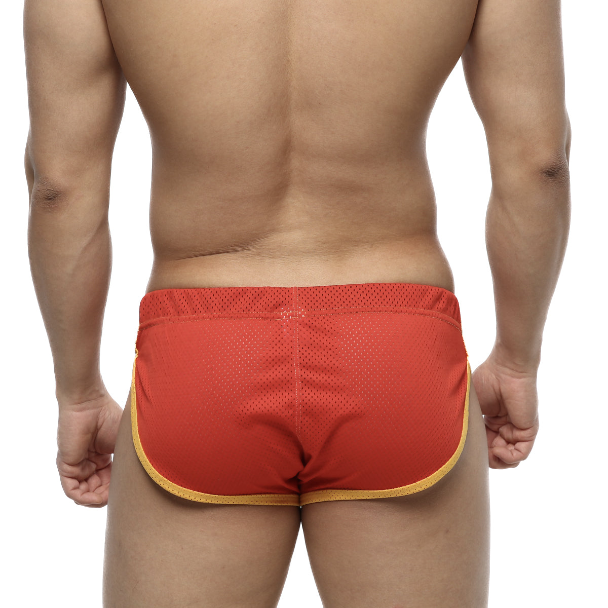 Red mesh athletic briefs with yellow trim by metromalewear soccer split short red 4705-12