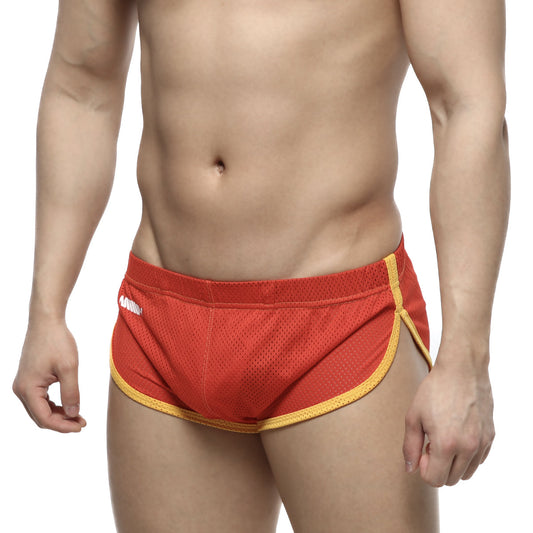 Red mesh athletic briefs with yellow trim metro malewear soccer split short red 4705-12 front view