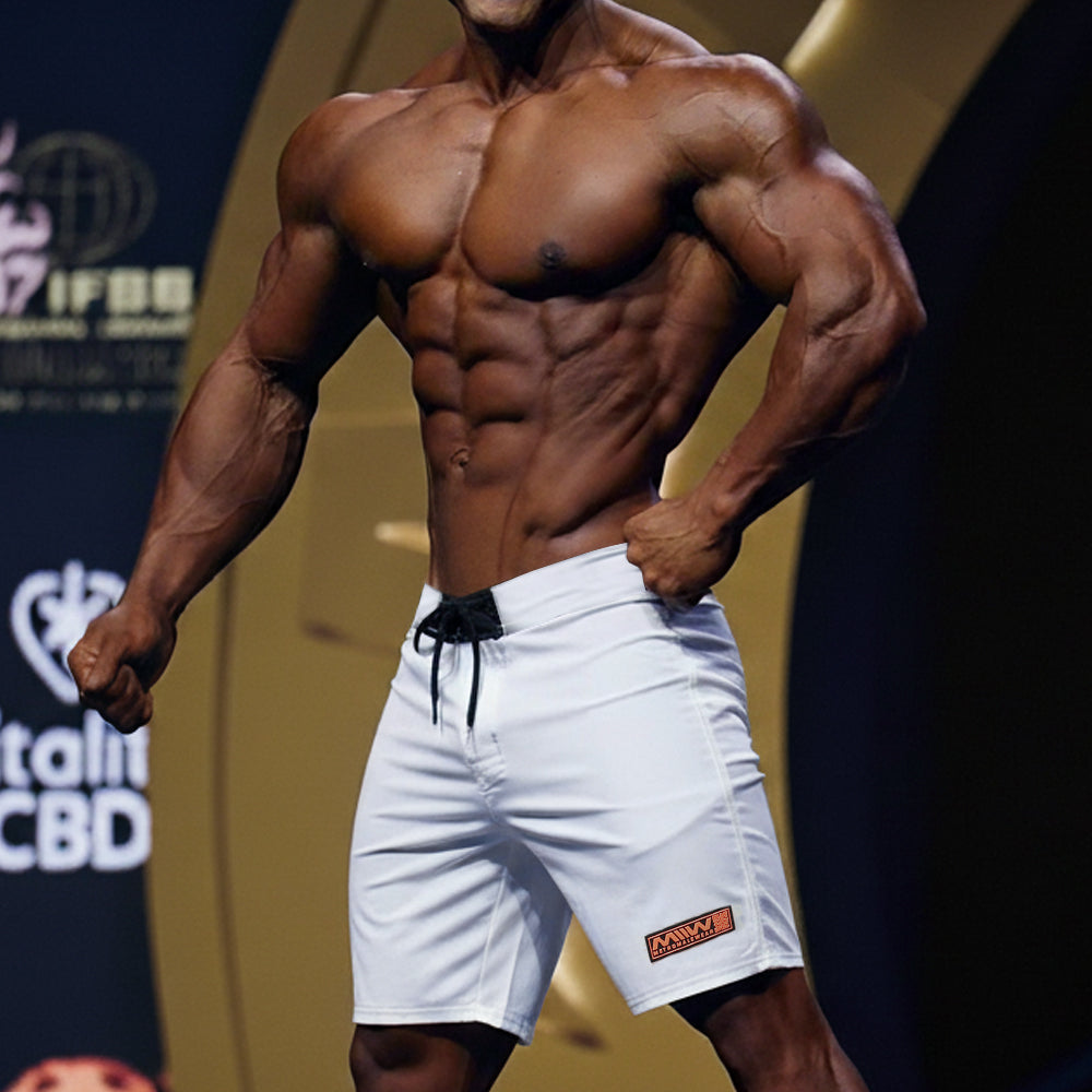 MetroMaleWear Physique board short white with black drawstring and orange logo on lower right leg for athletic use