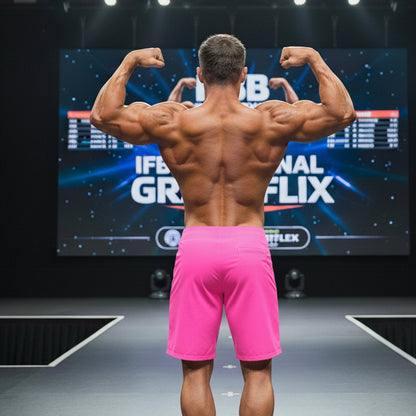 A muscular man stands on stage showing the back of MetroMaleWear Physique board short neon pink with defined muscles