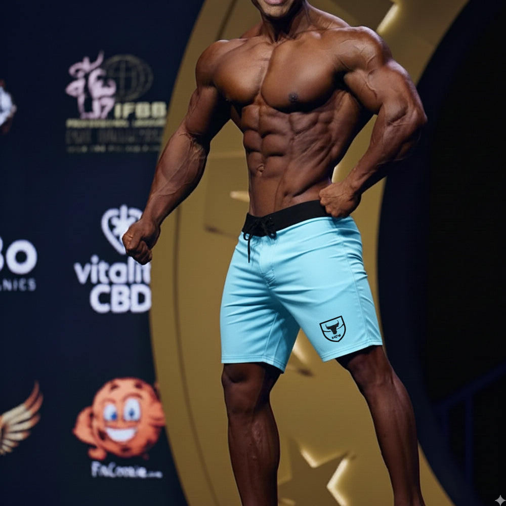 MetroMaleWear physique board short sky 4706-06 light blue athletic shorts with black waistband and shield logo on left leg