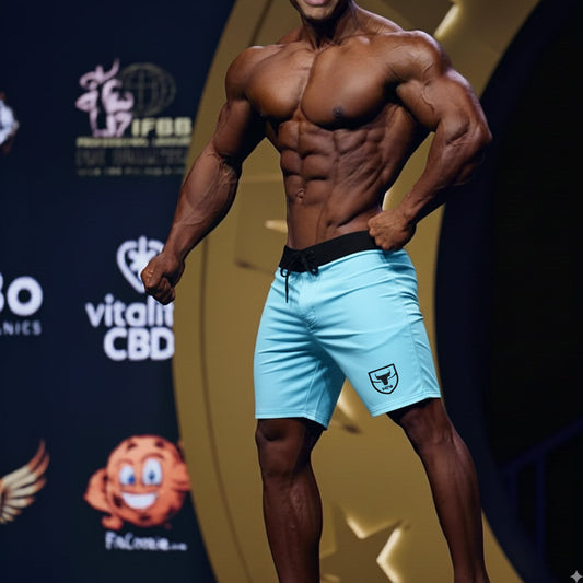 MetroMaleWear physique board short sky 4706-06 light blue athletic shorts with black waistband and shield logo on left leg