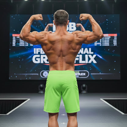 A muscular man showcasing the back side of metro malewear physique board short neon green 4706-07 on stage