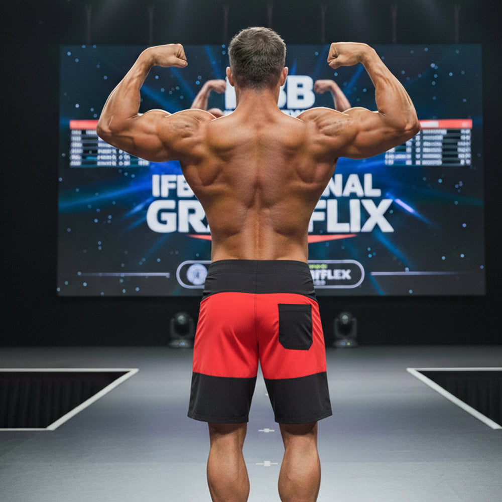 MetroMaleWear Physique board short red 4706-12 red and black athletic shorts with a single front pocket