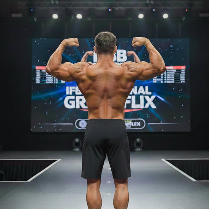 A muscular man shows the back side of metro malewear physique board short stripe 4706-47 black on stage