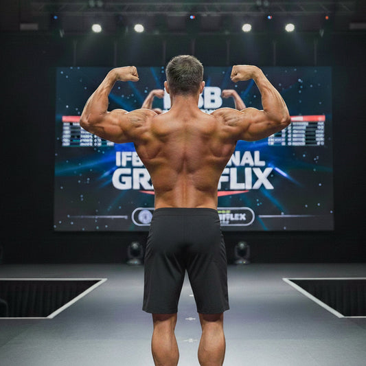 A muscular man wearing black MetroMaleWear physique board shorts stands on stage showing defined back muscles and flexed arms