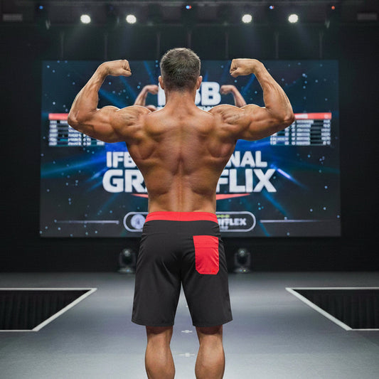 A muscular man wearing metroMalewear physique board shorts in black with a red waistband and red pocket detailing