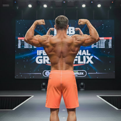 A muscular man showing defined back muscles wears metroMalewear physique board short neon orange on stage back view