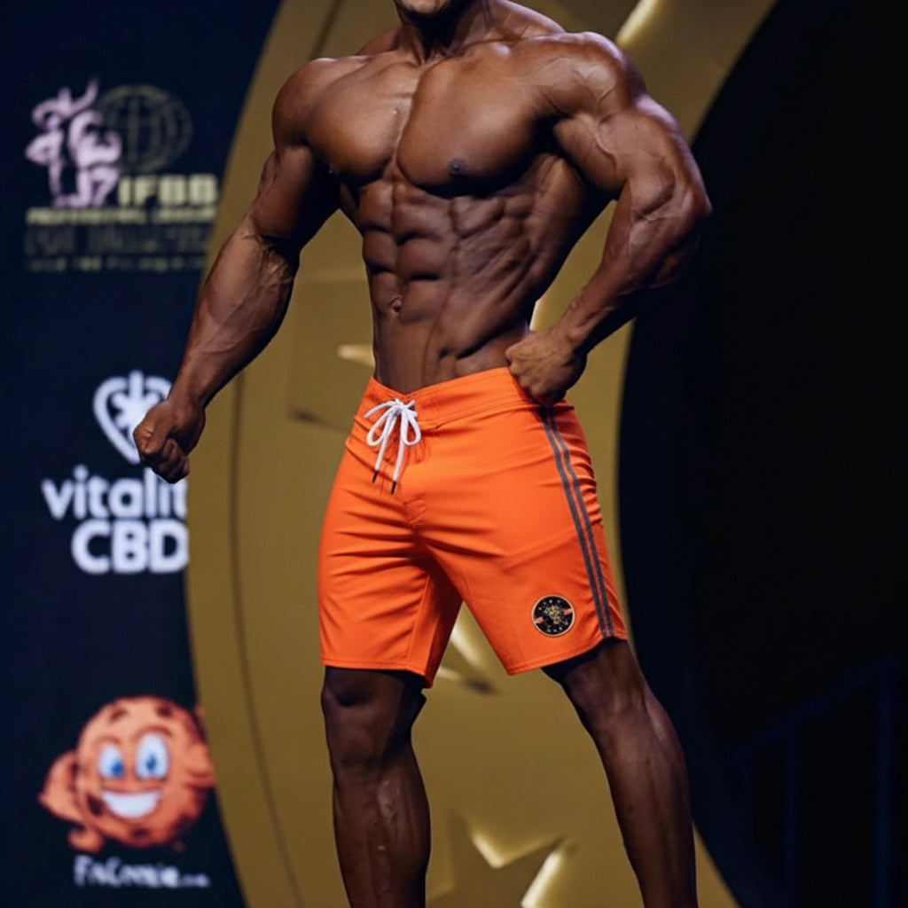 Vibrant orange MetroMaleWear Physique Board Short Lion 4706-30 with white drawstring black side stripes and logo on right leg