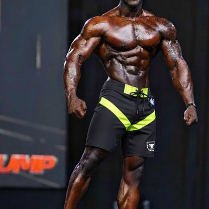 Black and neon yellow MetroMaleWear physique board short victory 4706-46 with drawstring waistband and white logo