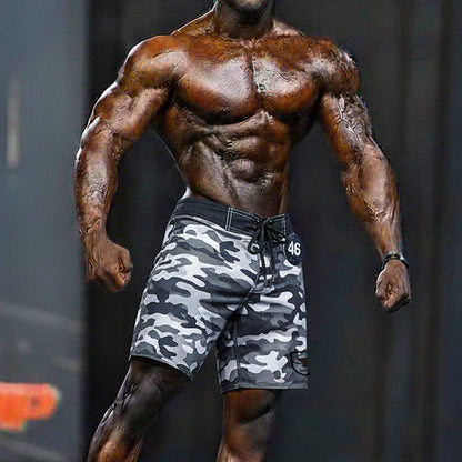 Gray and black camouflage swim trunks with drawstring waistband by metromalewear physique board short camo 4706-60