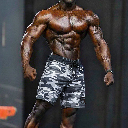 Gray and black camouflage swim trunks with drawstring waistband by metromalewear physique board short camo 4706-60