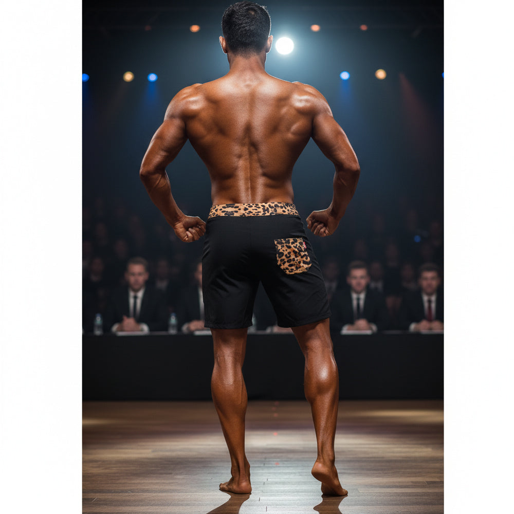 Black MetroMaleWear Physique board shorts with leopard print waistband and pocket for stylish casual wear