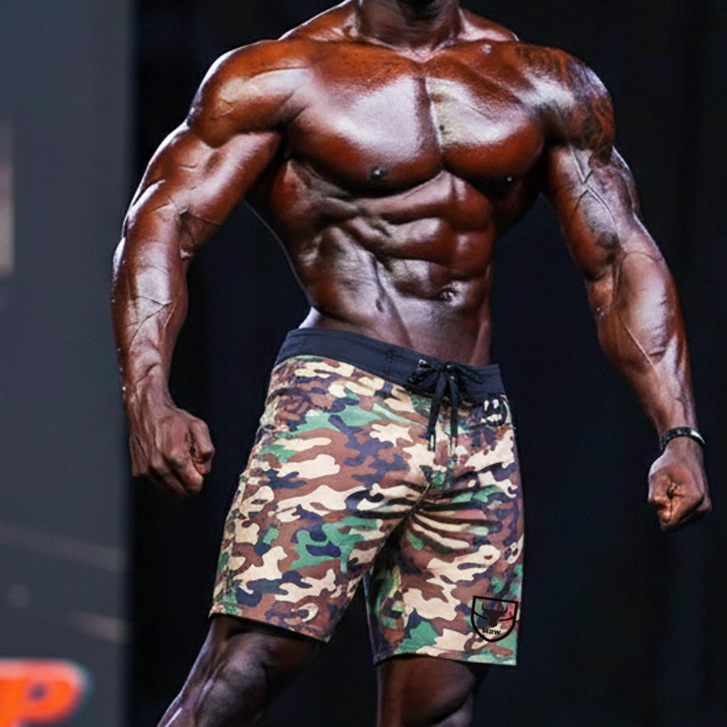 Metro malewear physique board short green camo with black drawstring waistband and logo patch on lower right leg