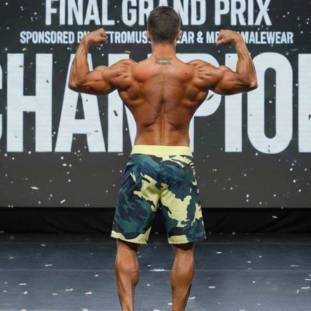 Metro male wear physique board short in yellow camo with camouflage pattern and yellow waistband for active wear