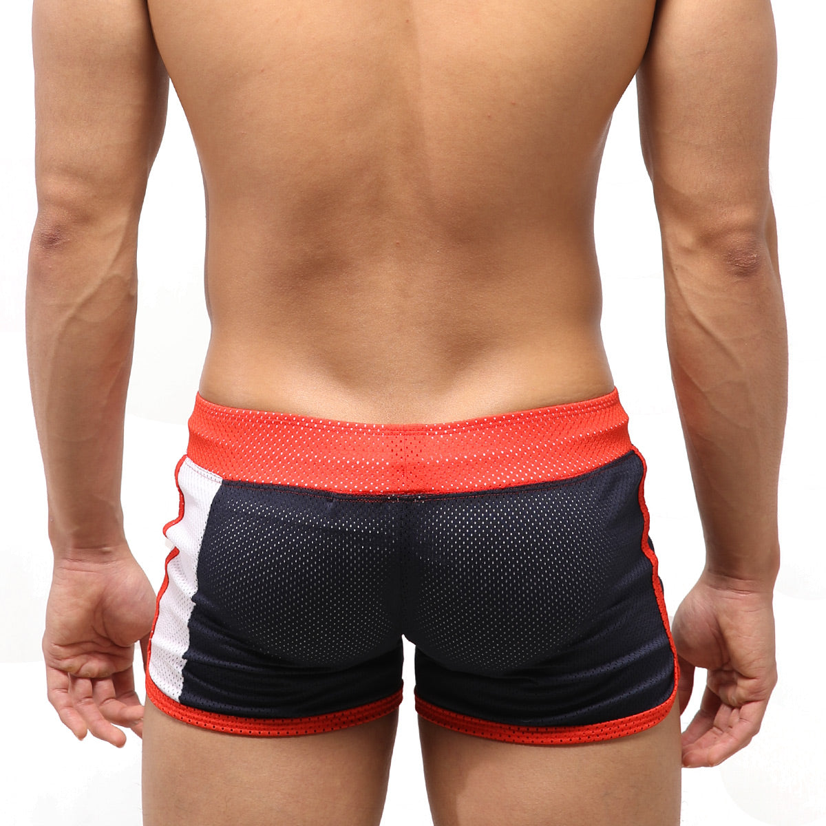 Black and red metroMalewear punch navy 4709-28 mesh athletic shorts with white side stripes and orange waistband