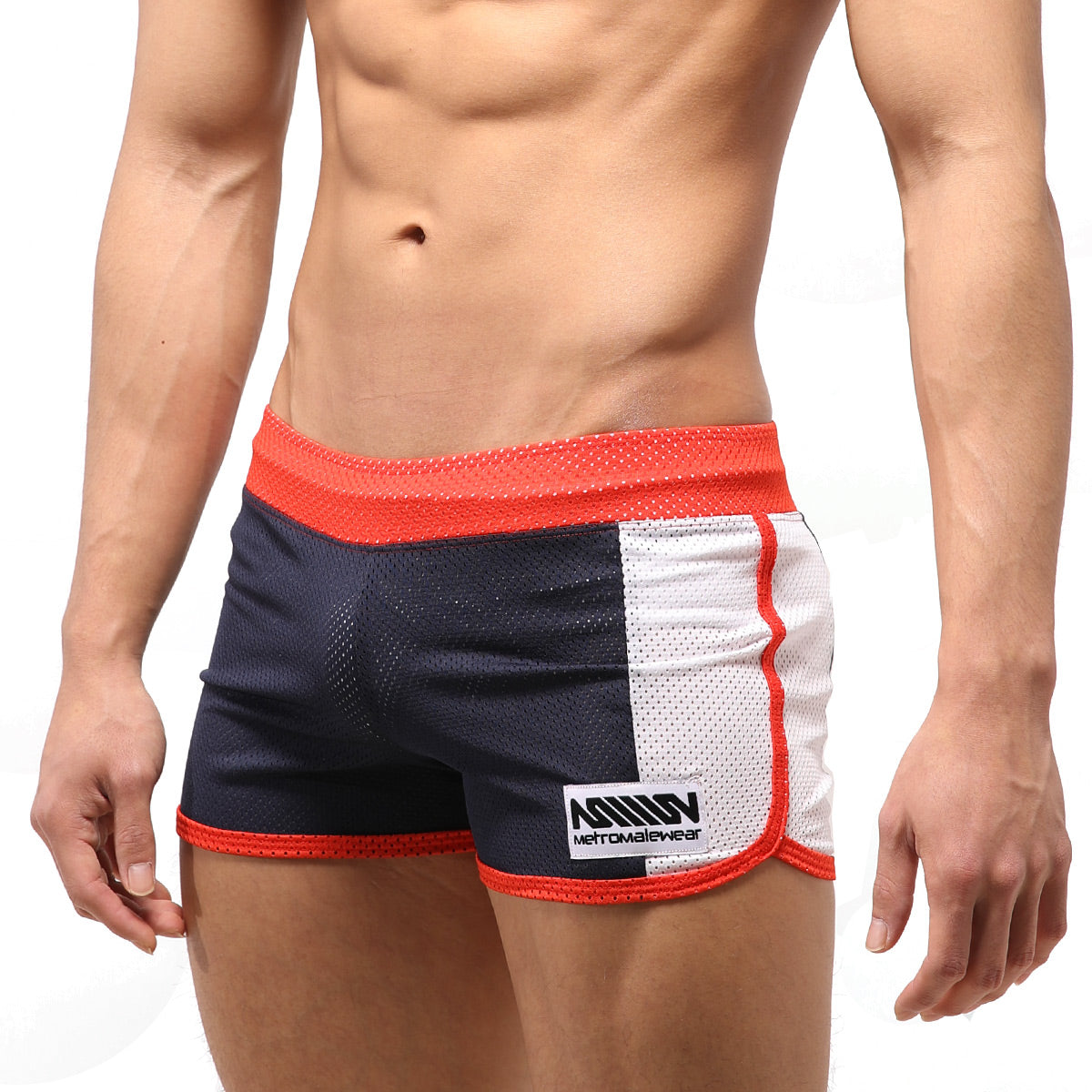 Navy and white mesh athletic shorts with red trim and MetroMaleWear branded patch on the side punch short model 4709-28