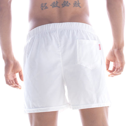 Back side of metro male wear flexible swim trunk white with elastic waistband and red logo pocket detail