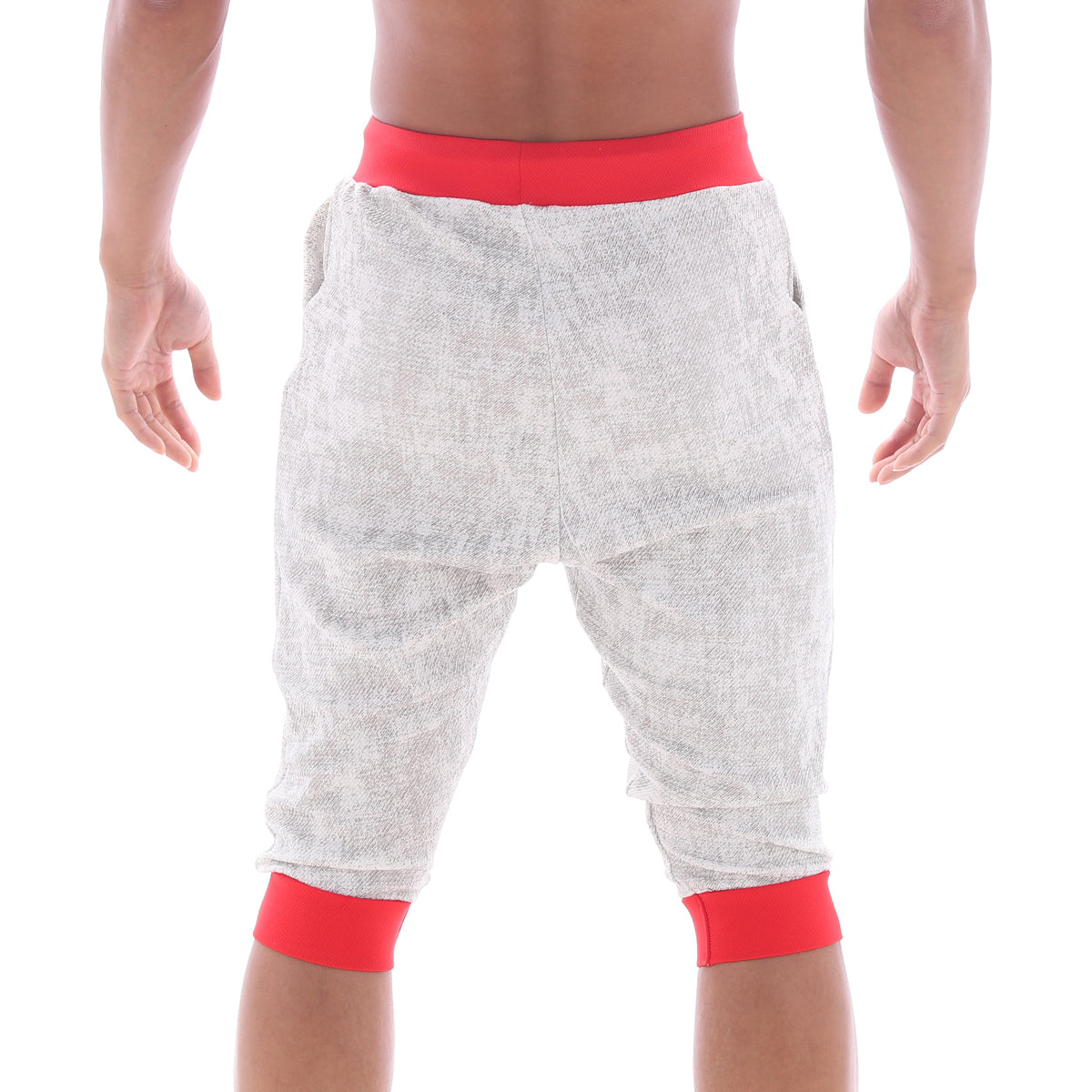 MetroMaleWear Scandinavia gym shorts ivory 4711-10 gray textured capri pants with red elastic waistband and cuffs