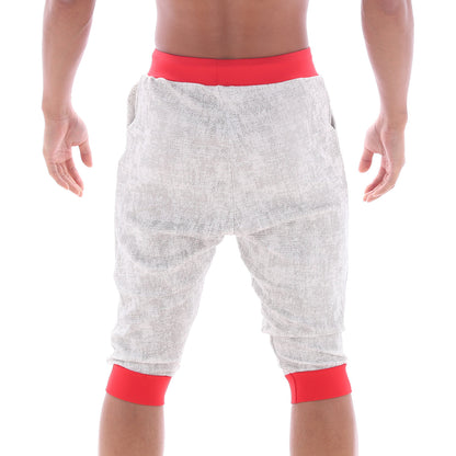 MetroMaleWear Scandinavia gym shorts ivory 4711-10 gray textured capri pants with red elastic waistband and cuffs