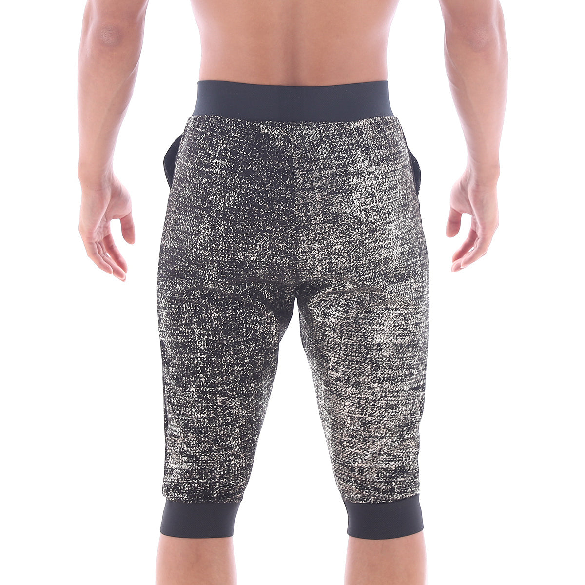 MetroMaleWear Scandinavia gym shorts black 4711-20 with black waistband and cuffs and black silver speckled capri pants
