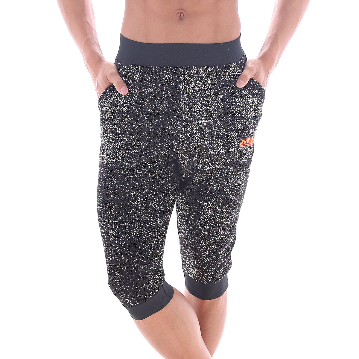 Metro male wear scandinavia gym shorts black 4711-20 capri pants with black silver speckled fabric and solid black waistband and cuffs