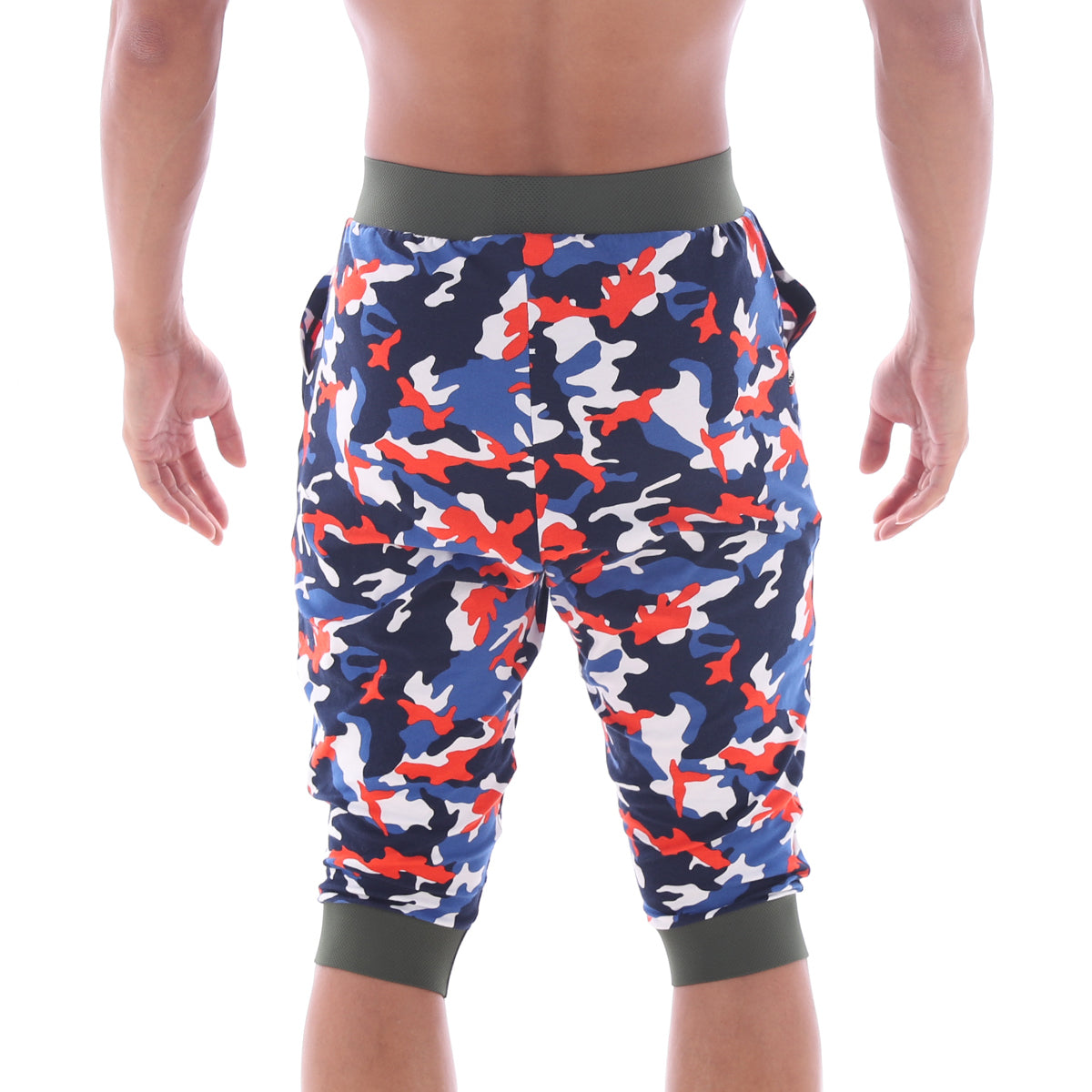 Blue red and white camouflage capri gym shorts with olive green waistband and cuffs by MetroMaleWear Scandinavia