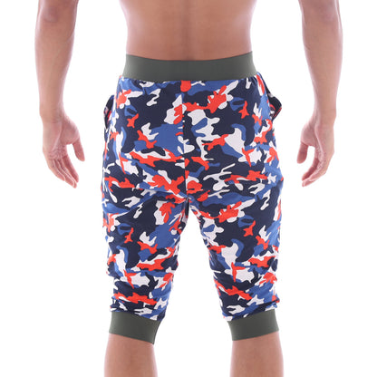 Blue red and white camouflage capri gym shorts with olive green waistband and cuffs by MetroMaleWear Scandinavia
