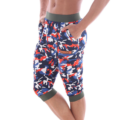 Men’s metro male wear scandinavia gym shorts camo navy capri pants with navy red white camouflage and olive green waistband