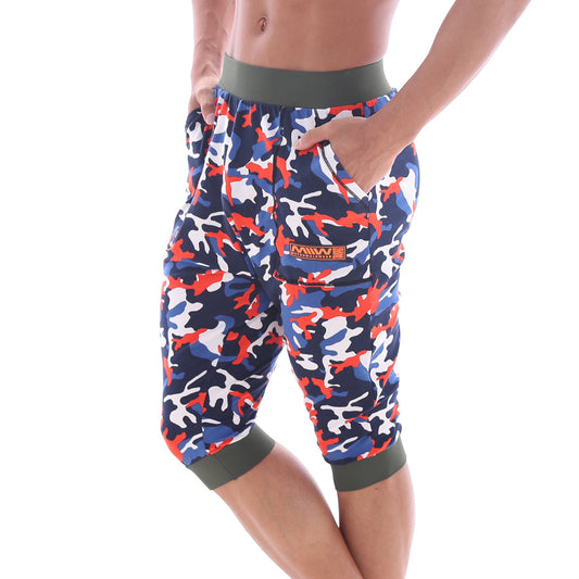 Men’s metro male wear scandinavia gym shorts camo navy capri pants with navy red white camouflage and olive green waistband