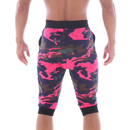Metro malewear scandinavia gym shorts camo pink capri shorts with bright pink dark green camouflage print and black waistband